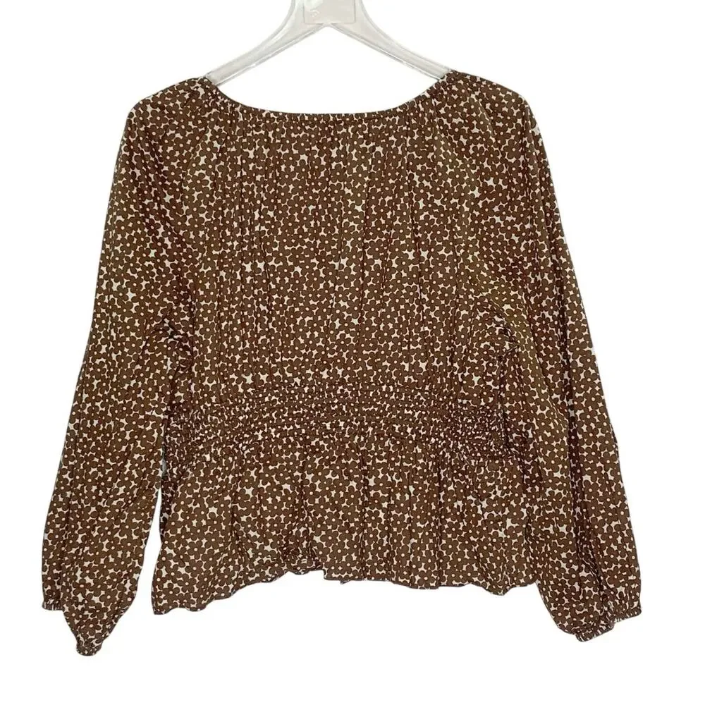 J. Crew V-Neck Smocked Waist Top L Brown Mocha Floral Boho